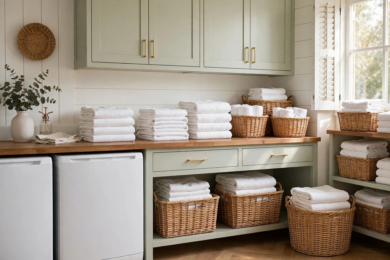 Shelves of neatly folded towels and woven baskets in daylight, with a plant in a vase