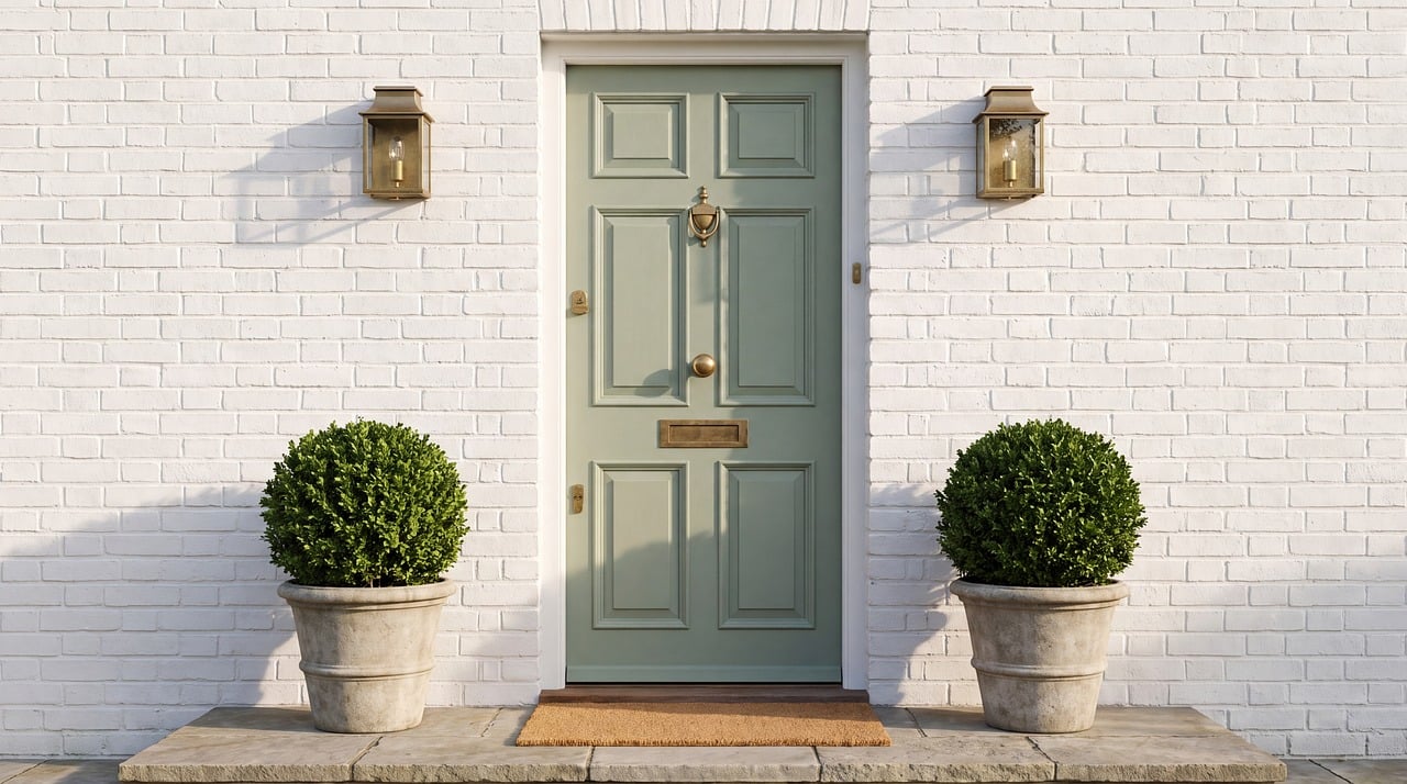 A front entrance with a wreath on the door, a lantern and a fanlight set in a brick wall